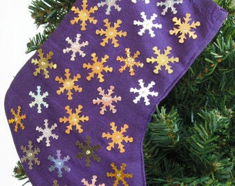 Purple Stocking Ornament with Snowflake Sequins