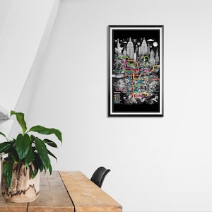 Affiche du plan du métro de New York, impression d'art du métro de New York, art mural urbain noir et blanc, transport urbain de nuit abstrait, décoration moderne sans cadre