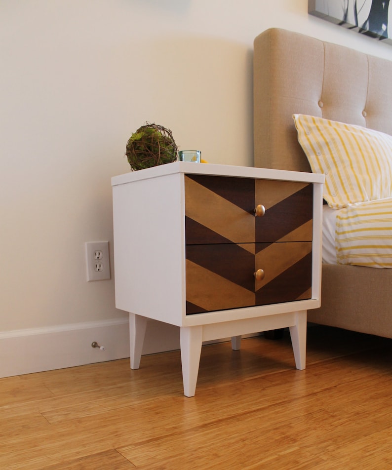 Mid Century Nightstand with Gold Herringbone Design image 2