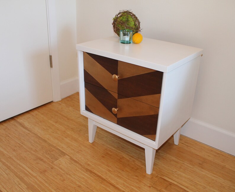 Mid Century Nightstand With Gold Herringbone Design Etsy