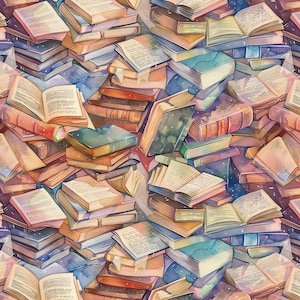 May include: A repeating pattern of stacked and open books in shades of blue, orange, and cream. The illustration features numerous hardcover and paperback volumes arranged in a dense, overlapping composition, showcasing various page textures.