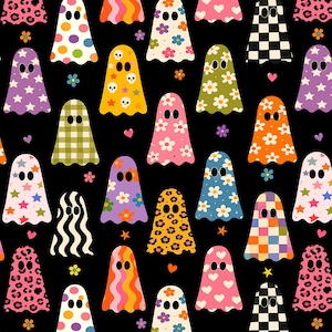 May include: A repeating pattern on a black background featuring various ghost shapes decorated with colourful prints including leopard spots, checkerboards, polka dots, daisies, hearts, stars, skulls, and wavy lines, interspersed with small flowers and hearts.