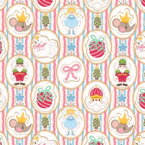 May include: A repeating pattern of circular medallions on a background of vertical pink and blue stripes. The medallions feature illustrations of Santa Claus, mice with crowns, fairies, swans, Christmas ornaments, and bows in a festive style.