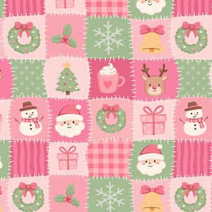 Peut inclure: Un motif patchwork présentant des icônes de Noël répétitives, notamment des visages de Père Noël, des bonhommes de neige, des rennes, des cadeaux, des couronnes, des cloches, des flocons et des tasses de cacao dans des tons rose, vert et blanc.