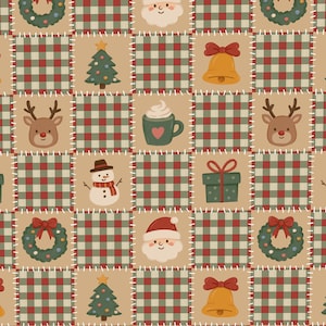 May include: A repeating pattern of square patches featuring Christmas icons including Santa Claus faces, green wreaths with red bows, gold bells, reindeer, snowmen, decorated pine trees, gift boxes, and mugs of cocoa on a red and green plaid background.