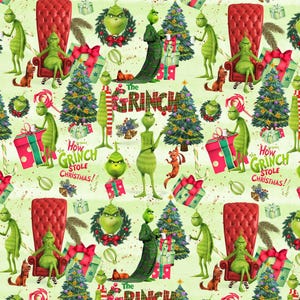 Puede incluir: Patrón repetitivo con el Grinch, árboles de Navidad y cajas de regalo sobre un fondo verde claro. El Grinch se representa en varias poses, con el texto "The Grinch" y "How the Grinch Stole Christmas!"