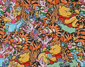 May include: A colorful cartoon illustration featuring Winnie the Pooh, Tigger, and Piglet characters. The design includes flowers, watering cans, and butterflies, with a green and light blue background. The characters are in various poses.
