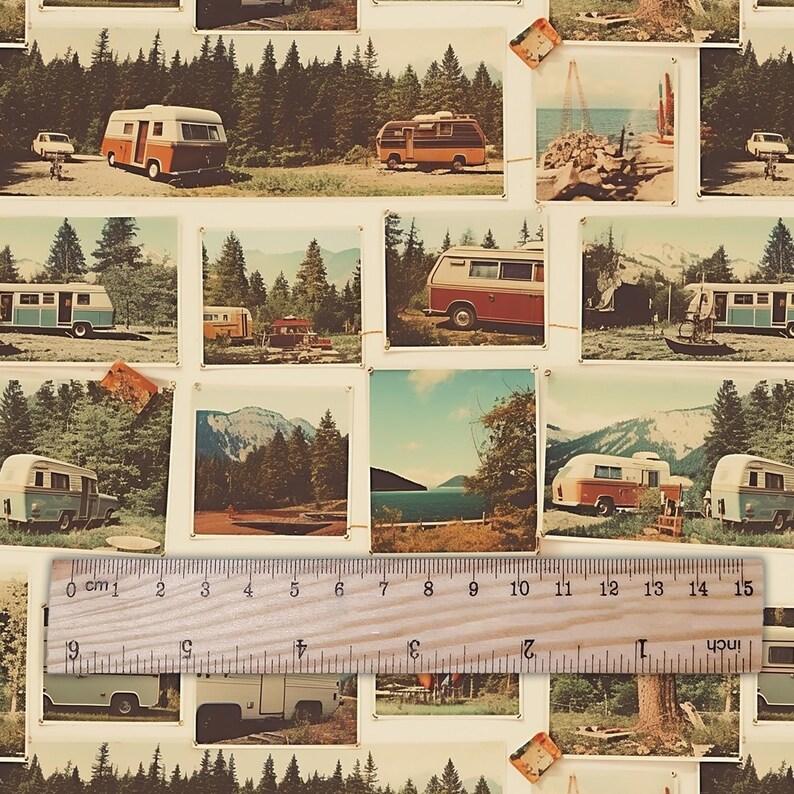 May include: A collage of vintage-style photographs featuring retro camper vans in scenic outdoor settings. The images showcase various landscapes, including forests, mountains, and lakes. A wooden ruler is placed across the bottom, measuring in inches.