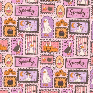 May include: A repeating pattern on a light pink background featuring illustrations of ducks in Halloween costumes, pumpkins, black cauldrons, potion bottles, skulls, and candy corn. Rectangular frames contain the word Spooky in cursive script.