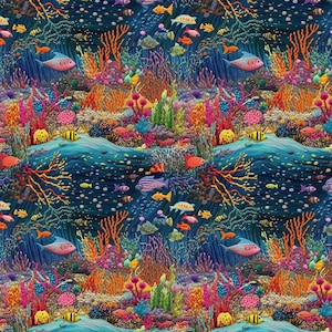 Peut inclure: Un motif répétitif sur tissu représentant une scène de récif corallien sous-marin vibrant. L'imprimé présente divers poissons colorés, notamment des espèces roses, orange et jaunes, nageant parmi des structures de corail complexes.