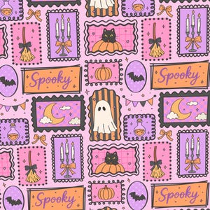 May include: A repeating pattern on a light pink background featuring Halloween motifs including black cats in orange pumpkins, white ghosts, orange pumpkins, brooms, candelabras, crescent moons, bats, and orange rectangles with the text Spooky.