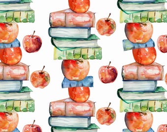 Watercolor Books and Apples Fabric, Sold By The Half Yard, Continuous Cut, 100% Cotton Fabric, Cartoon Fabric