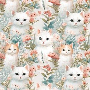 Cute Cat Fabric, Floral Kitten Fabric, Sold By The Half Yard, Continuous Cut, 100% Cotton Fabric, Cartoon Fabric