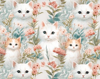 Cute Cat Fabric, Floral Kitten Fabric, Sold By The Half Yard, Continuous Cut, 100% Cotton Fabric, Cartoon Fabric