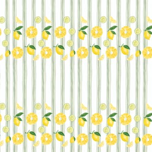 May include: A repeating pattern on a white background featuring vertical sage green stripes interspersed with watercolour illustrations of yellow lemons with green leaves, yellow pineapple slices, and green lime slices arranged in rows.