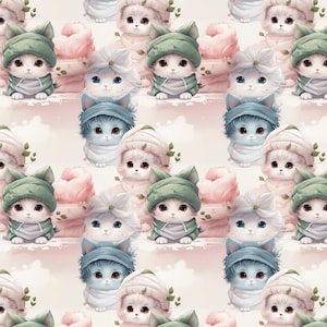 Cute Kitten Fabric, Floral Kitten Fabric, Sold By The Half Yard, Continuous Cut, 100% Cotton Fabric, Cartoon Fabric