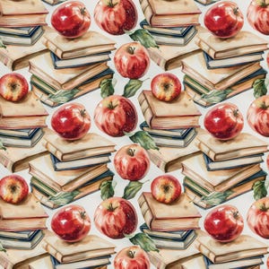 May include: A seamless pattern featuring watercolor illustrations of red apples and stacks of books. The apples are arranged in a repeating pattern, with each apple sitting on top of a stack of books. The books are various shades of brown and beige, and the apples are a vibrant red.