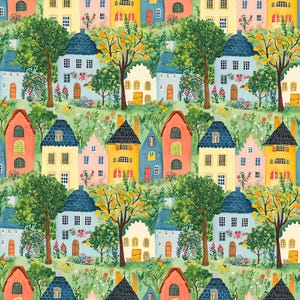 May include: A repeating pattern fabric featuring a colorful village scene with houses in shades of blue, yellow, pink, and orange. The design includes green trees, flowering bushes, and small plants scattered between the buildings on a light green background.