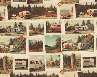 Retro Camping Stoff, Vintage Reise-Stoff, 100% Baumwolle Stoff, Verkauft durch den halben Yard, Kontinuierlicher Schnitt, Cartoon Stoff