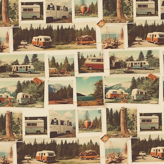 Retro Camping Fabric, Vintage Travel Fabric, 100% Cotton Fabric, Sold By The Half Yard, Continuous Cut, Cartoon Fabric
