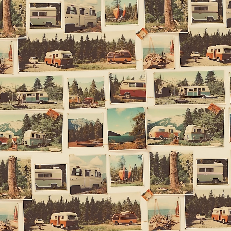May include: A collage of vintage-style photographs featuring retro camper vans in scenic outdoor settings. The images showcase various colorful RVs parked near forests, mountains, and lakes, evoking a sense of travel and adventure. The overall aesthetic is nostalgic and evokes a sense of wanderlust.