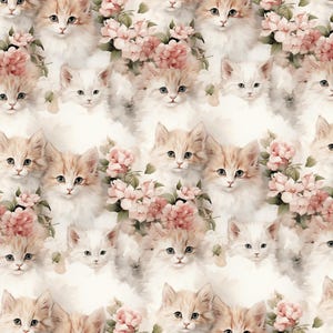 Fluffy Kitten Fabric, Floral Kitten Fabric, Sold By The Half Yard, Continuous Cut, 100% Cotton Fabric, Cartoon Fabric