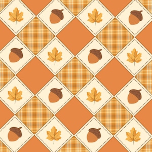 May include: A repeating pattern featuring a diamond grid layout. The design alternates between solid orange squares, orange plaid squares, and cream-colored squares decorated with either a single brown acorn or a single yellow maple leaf.