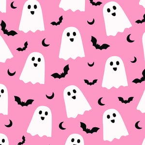 May include: A repeating pattern on a bright pink background featuring white ghosts with black oval eyes and mouths, interspersed with black silhouettes of flying bats and small crescent moons. The design is uniform and covers the entire surface.