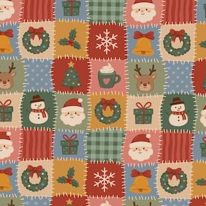 May include: A fabric pattern featuring a patchwork grid of squares with Christmas motifs including Santa Claus faces, reindeer, snowmen, wreaths, bells, gift boxes, snowflakes, holly, and mugs of hot cocoa in red, green, blue, and yellow.