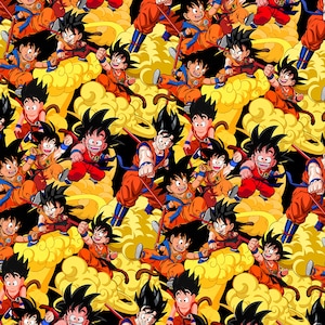 Peut inclure: Motif répété avec le personnage Goku de la série animée Dragon Ball. Goku est représenté dans diverses poses d'action, portant son gi orange et bleu signature, sur fond de nuages jaunes et de fond noir.