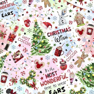 May include: A festive Christmas-themed pattern featuring a Christmas tree, snowman, gingerbread man, and the text "Christmas Wish." The design includes stars, snowflakes, and candy canes, with a watercolor effect background. The words "Hot Cocoa" and "It's the MOST WONDERFUL time to wear EARS" are also visible.