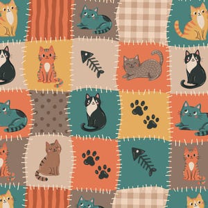 May include: A patchwork fabric pattern featuring various cats, fish bones, and paw prints in squares of orange, teal, brown, and beige. Each square is outlined with white dashed lines resembling stitching, creating a quilt-like visual effect.