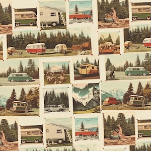 Retro Camping Fabric, Vintage Travel Fabric, 100% Cotton Fabric, Sold By The Half Yard, Continuous Cut, Cartoon Fabric