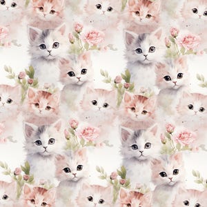 Fluffy Kitten Fabric, Floral Kitten Fabric, Sold By The Half Yard, Continuous Cut, 100% Cotton Fabric, Cartoon Fabric