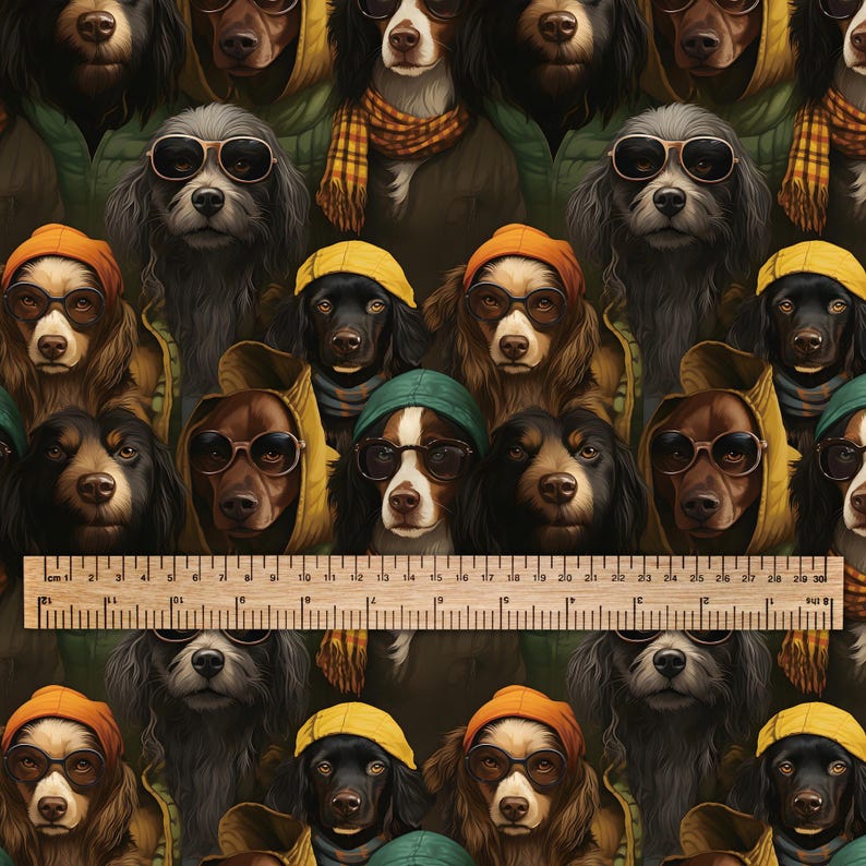 May include: A repeating pattern of illustrated dogs wearing sunglasses, hats, and scarves. The dogs are depicted in various colors, including black, brown, and white, and are wearing yellow, orange, and green accessories. A wooden ruler is at the bottom.