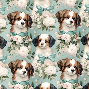 May include: A repeating pattern featuring adorable puppies with brown and white fur, adorned with teal bows and surrounded by bouquets of white and pink flowers. The background is a soft, light blue.