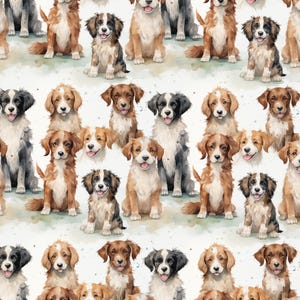 May include: A repeating pattern featuring numerous dogs in a watercolour style. The dogs are predominantly brown, black, and white, each depicted sitting or standing and facing the viewer. The background is a light watercolour wash.