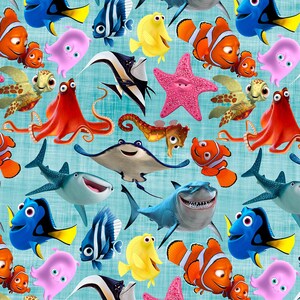 May include: A colorful pattern featuring various cartoon sea creatures, including clownfish, sharks, and starfish, set against a light blue background. The design includes a variety of fish and other marine life.
