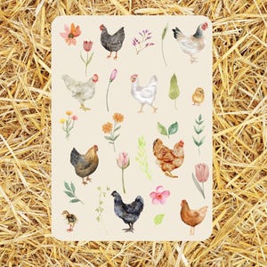May include: A watercolor illustration featuring a variety of chickens and floral elements. The chickens are depicted in different colors and poses, including a black chicken, a white chicken, a brown chicken, and a yellow chick. The floral elements include pink tulips, green leaves, and orange flowers.