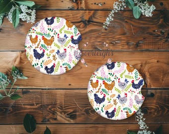 Chicken Car Coasters Set of 2 | Ceramic Farmhouse Car Coasters | Colorful Chicken Car Accessories | Country Farm Car Decor