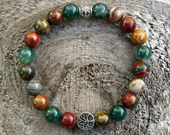 TREE OF LIFE Bracelet. Indian Agate, Picasso Jasper and Tree Moss Agate Stretch Bracelet. 8 mm beads.