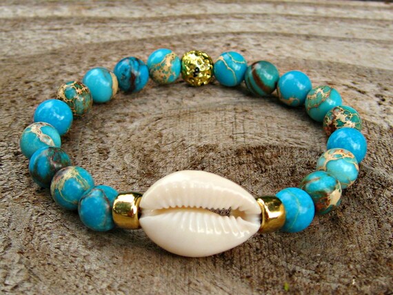 COWRIE SHELL BRACELET: With Sea Sediment Jasper and Gold | Etsy