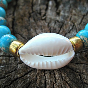 COWRIE SHELL BRACELET: With Sea Sediment Jasper and Gold Accents. Stretchy bracelet. Gift from Hawaii. image 4