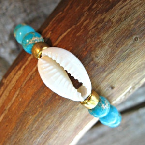 COWRIE SHELL BRACELET: With Sea Sediment Jasper and Gold Accents. Stretchy bracelet. Gift from Hawaii. image 2