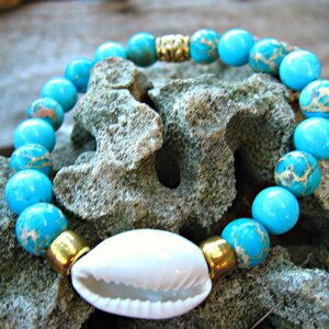 COWRIE SHELL BRACELET: With Sea Sediment Jasper and Gold Accents. Stretchy bracelet. Gift from Hawaii. image 5