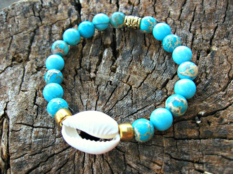 COWRIE SHELL BRACELET: With Sea Sediment Jasper and Gold Accents. Stretchy bracelet. Gift from Hawaii. image 1