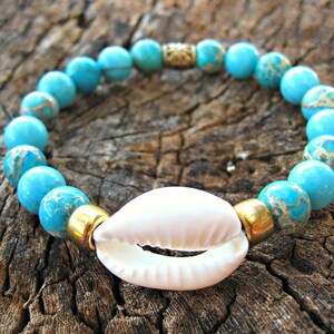 COWRIE SHELL BRACELET: With Sea Sediment Jasper and Gold Accents. Stretchy bracelet. Gift from Hawaii. image 3