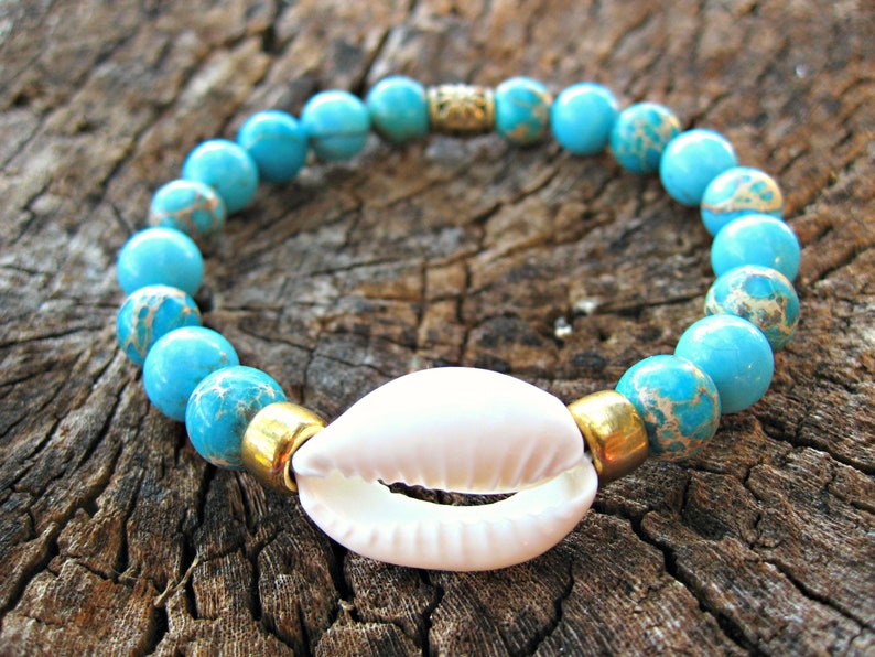 COWRIE SHELL BRACELET: With Sea Sediment Jasper and Gold Accents. Stretchy bracelet. Gift from Hawaii. image 3