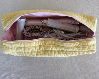 Pink And Yellow Quilt Hair Tool Bag, Dyson & Shark Compatible, Handmade Cotton Organizer
