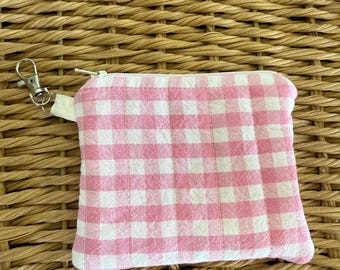 Handmade Pink Gingham Keychain Wallet: Clip-On Coin Pouch